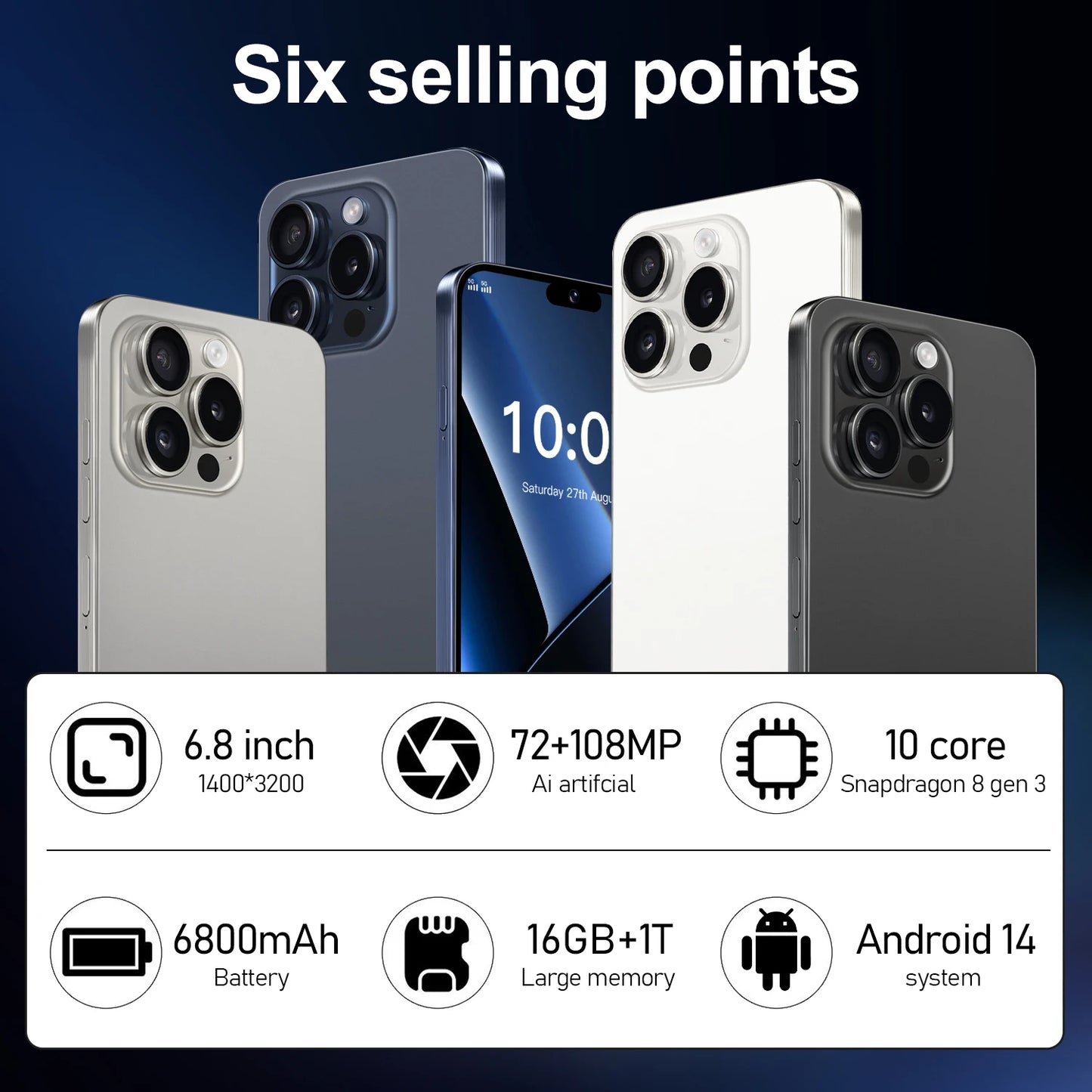 New Smartphone I16 Pro max Global version Mobile Phone16G+1T 6.8'' HD+ Android 14 6800mAh 4G/5G Networks Snapdragon 8 gen3 108MP