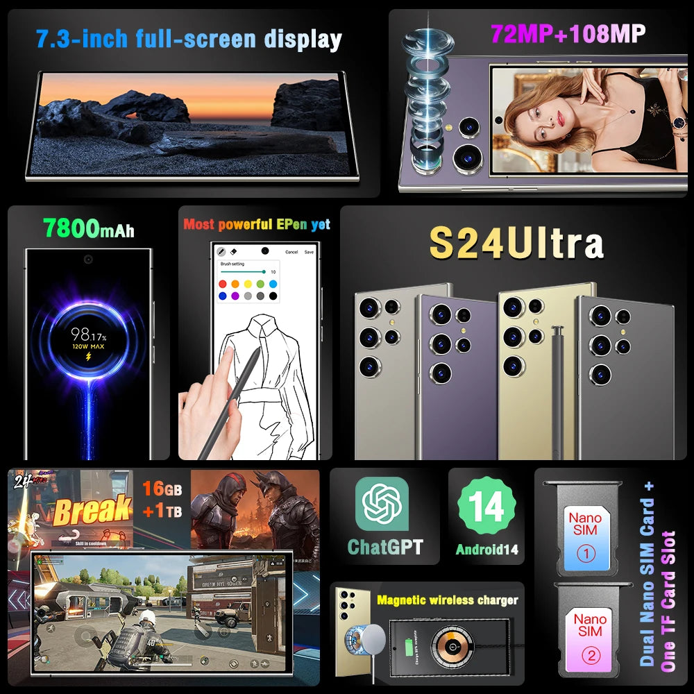 Brand New Original Smartphone S25 Ultra 22G+2T Cellphones 7.3inch Full Screen 4G 5G Mobile Phones 7800mAh Snapdragon 8 gen 3