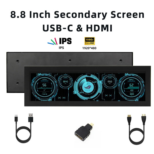 8.8Inch 1920x480 HDMI Secondary Screen IPS LCD Display for PC Chassis CPU RAM GPU Monitor USB Display Need Not AIDA64