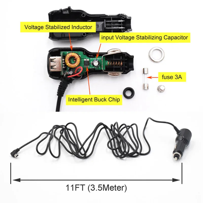 Mini Micro USB Car Charger 3.5meter 5V 3.4A With 2 USB Ports for Car DVR Dash Camera GPS Video Recorder, Input DC 8V-36V