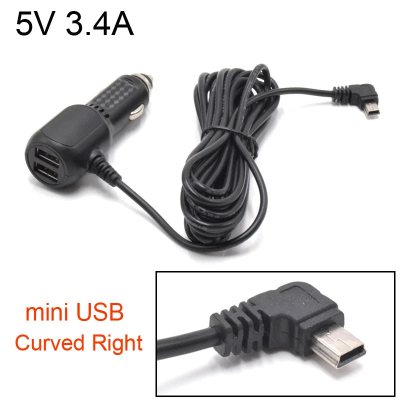 Mini Micro USB Car Charger 3.5meter 5V 3.4A With 2 USB Ports for Car DVR Dash Camera GPS Video Recorder, Input DC 8V-36V