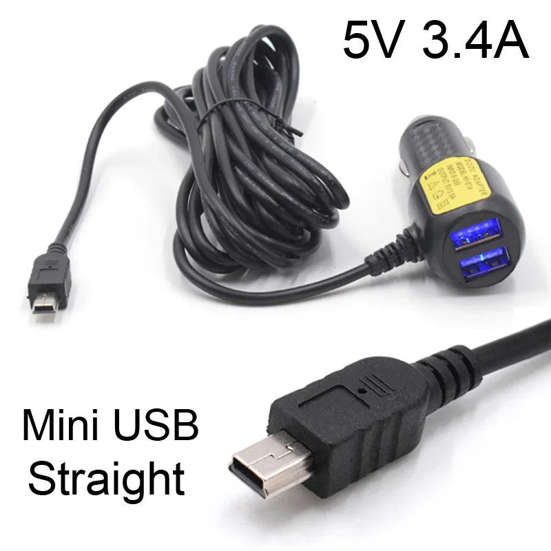 Mini Micro USB Car Charger 3.5meter 5V 3.4A With 2 USB Ports for Car DVR Dash Camera GPS Video Recorder, Input DC 8V-36V