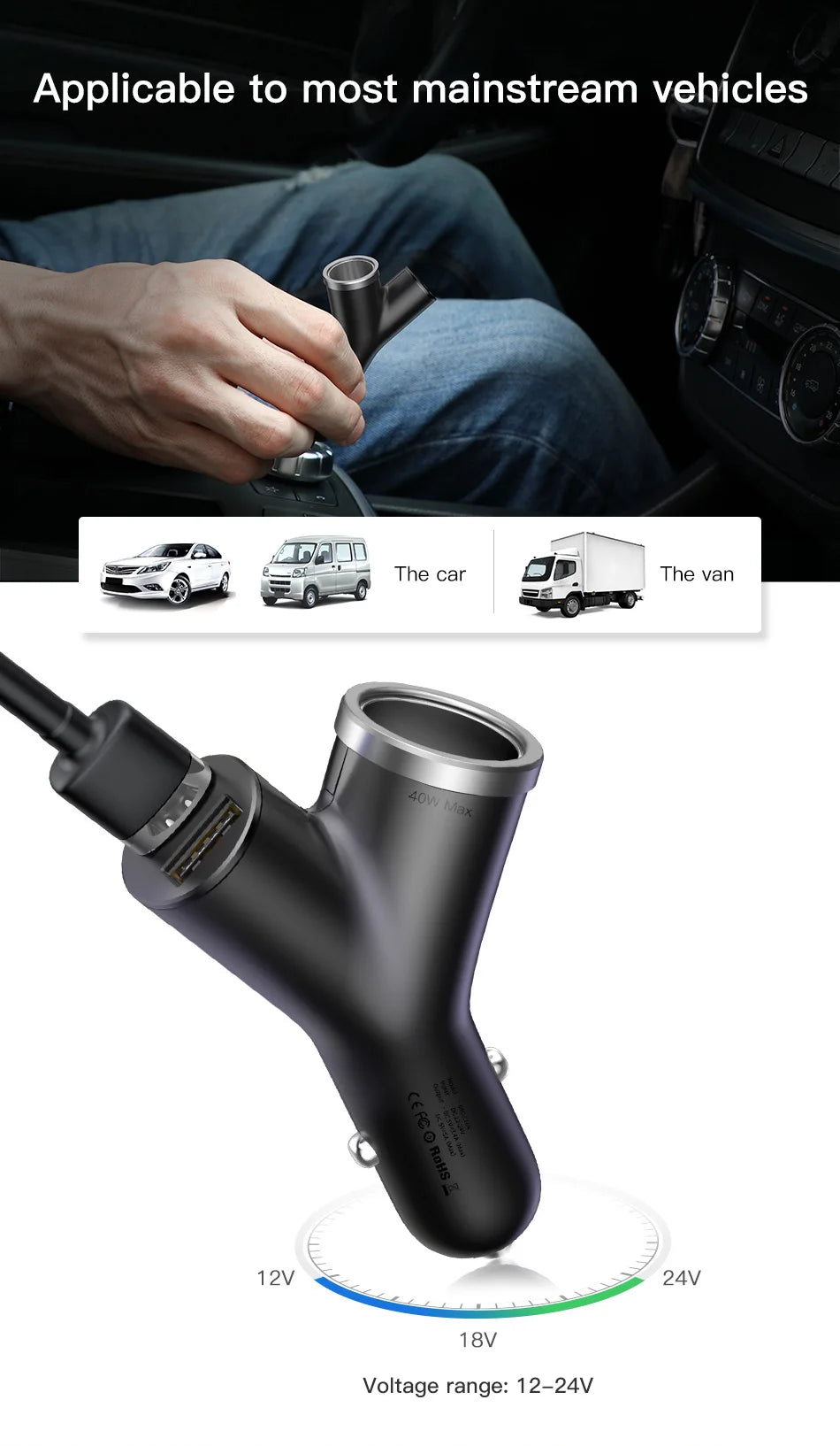 Baseus 40W Car Charger for Universal Mobile Phone Dual USB Car Cigarette Lighter Slot for Tablet GPS 3 Devices Car Phone Charger