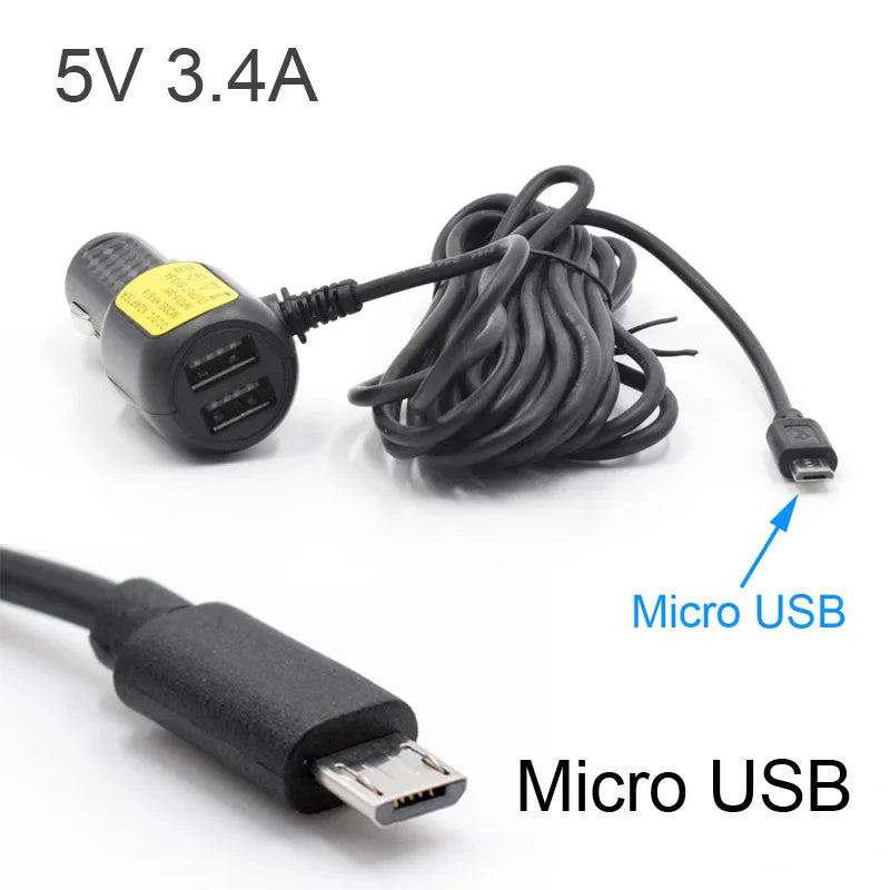 Mini Micro USB Car Charger 3.5meter 5V 3.4A With 2 USB Ports for Car DVR Dash Camera GPS Video Recorder, Input DC 8V-36V