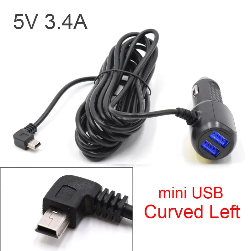 Mini Micro USB Car Charger 3.5meter 5V 3.4A With 2 USB Ports for Car DVR Dash Camera GPS Video Recorder, Input DC 8V-36V