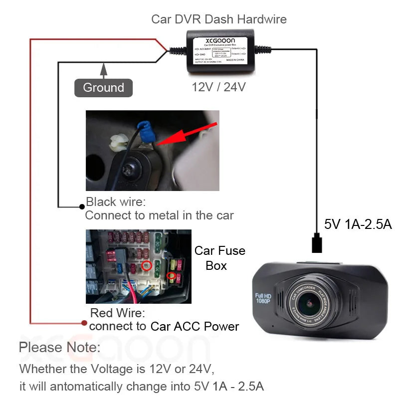 5V 2.5A Mini Micro Type C USB Car Dash Camera Charger Adapter Hard Wire DVR Hardwire Kit for XiaoMi 70Mai YI 360