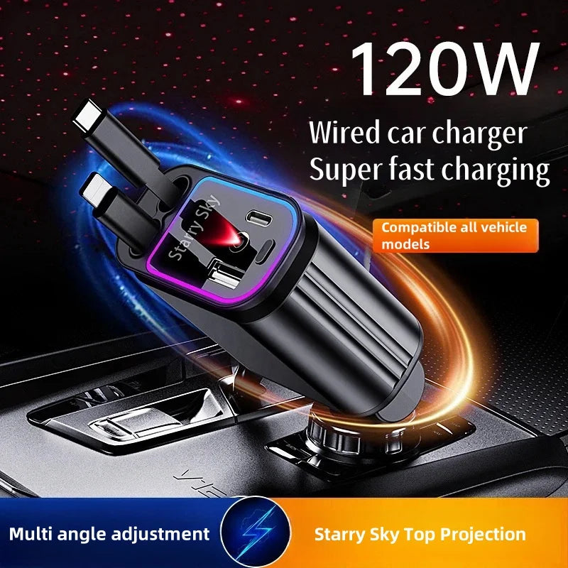 Retractable Car Charger 4 in 1 Fast Charging Car Charger 120W 1PD+1USB Ports Car Charger Adapter Compatible With Starry Sky Lamp