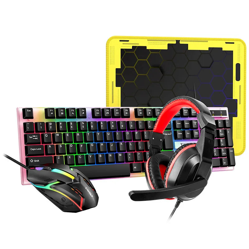 wired Keyboard and Mouse Set, Keyboard and Mouse Earphones, Mouse Pad, Four Piece Set, Luminous Game Set