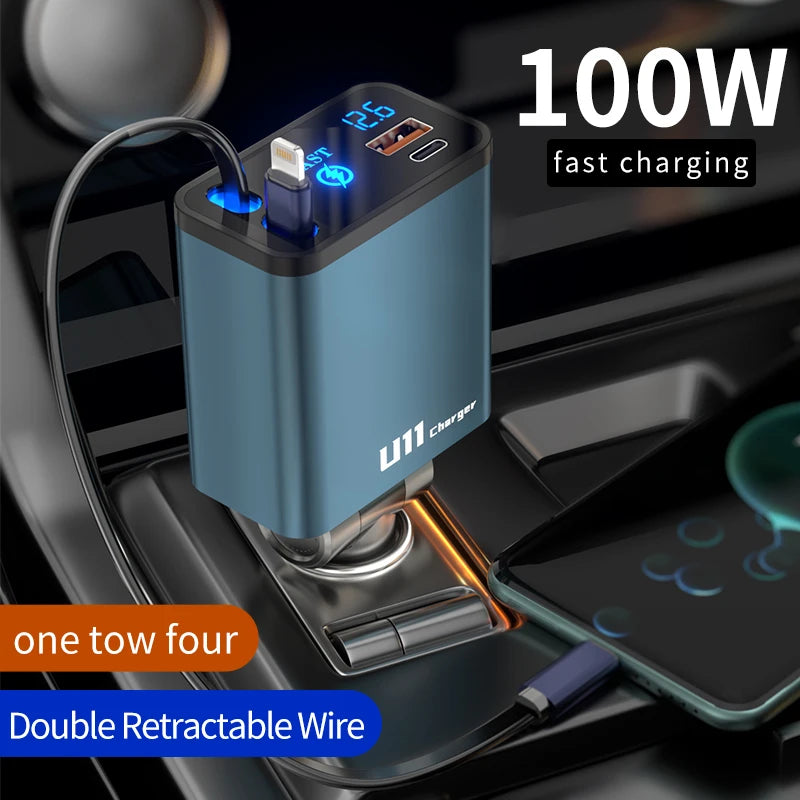 4 in 1 100W Car Charger Retractable Car Cigarette Lighter Adapter USB Type C Fast Charger Cable For IPhone Xiaomi Huawei Samsung