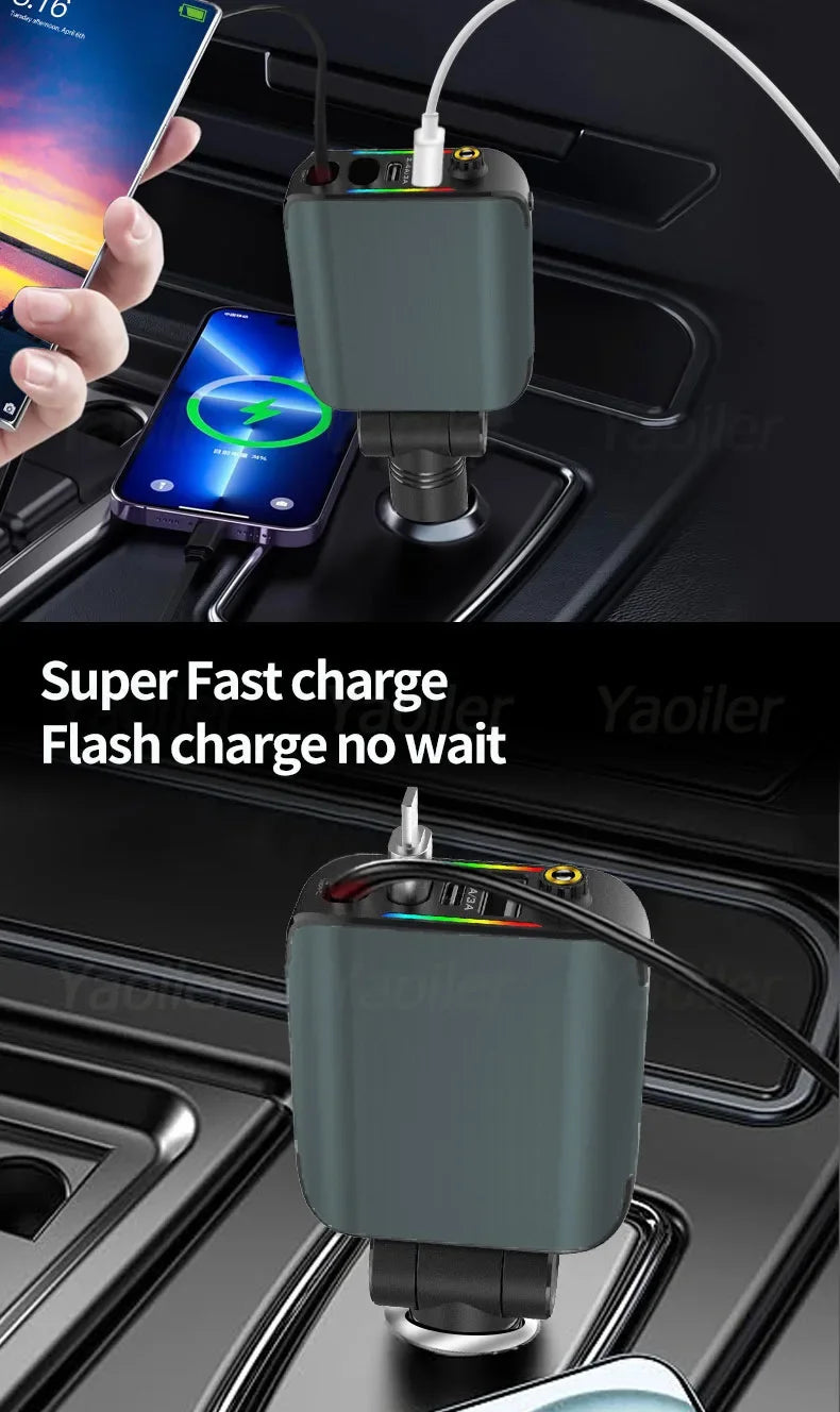 Upgraded 120W Retractable USB C Car Charger,New Starry Sky 4 in 1 Starlight Projection in Car Fast Charging Car Charger Adapter