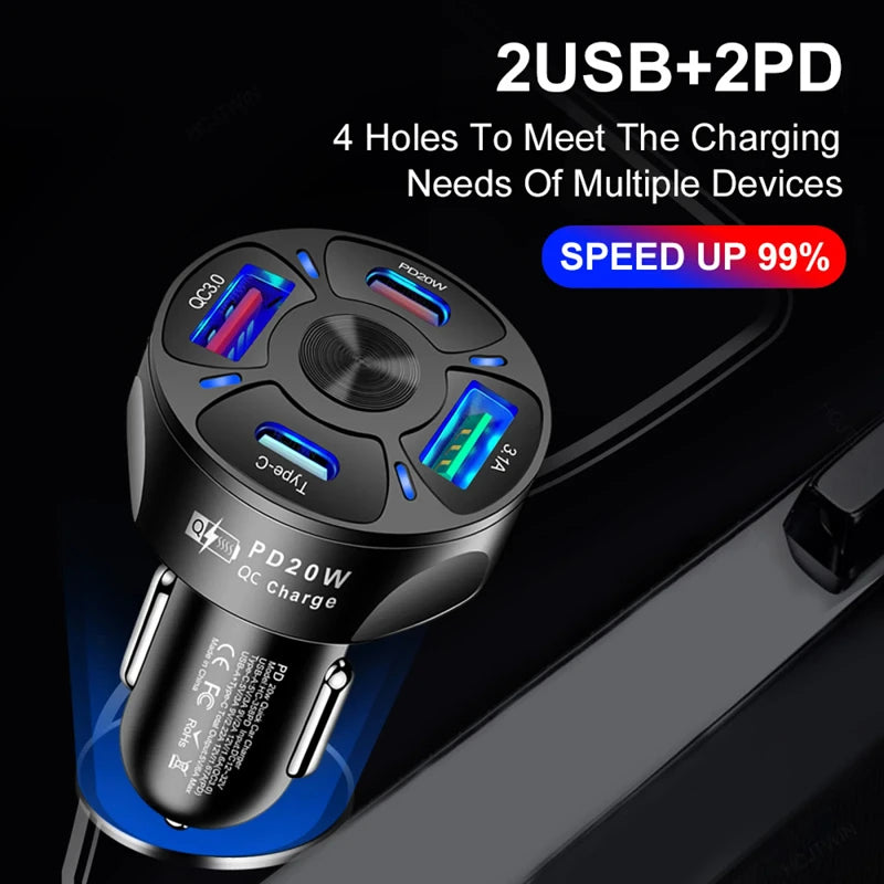 250W PD Car Charger QC3.0 Fast Charge 6-in-1 Car Cigarette Lighter Plug 5 Port Car Charger Flash Charge with Digital Display