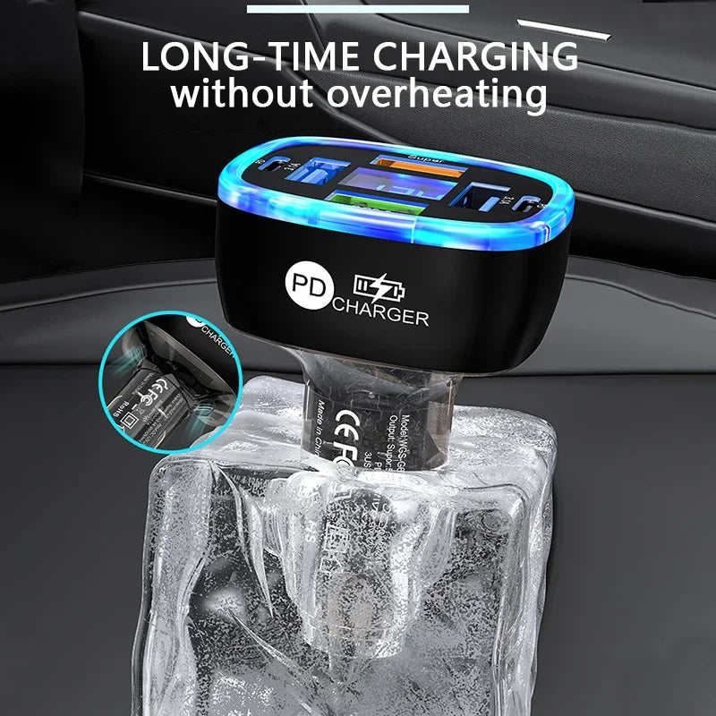 UYUXIO USB C Car Phone Charger 6 in 1 with Voltage Display Super Fast Charge Adapter for Samsung iPhone 16 15 Pro Max Oneplus