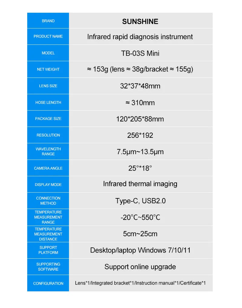 SUNSHINE TB-03S Mini Infrared thermal imaging Instrument HD 256*192, Mainboard Short Circuit Detection PCB Fault Quick Diagnosis