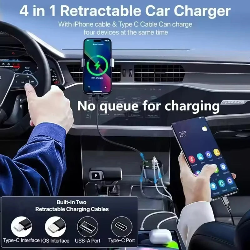 4 in 1 120W Car Charger Retractable Car Cigarette Lighter Adapter USB Type C Fast Charger Cable For IPhone Xiaomi Huawei Samsung