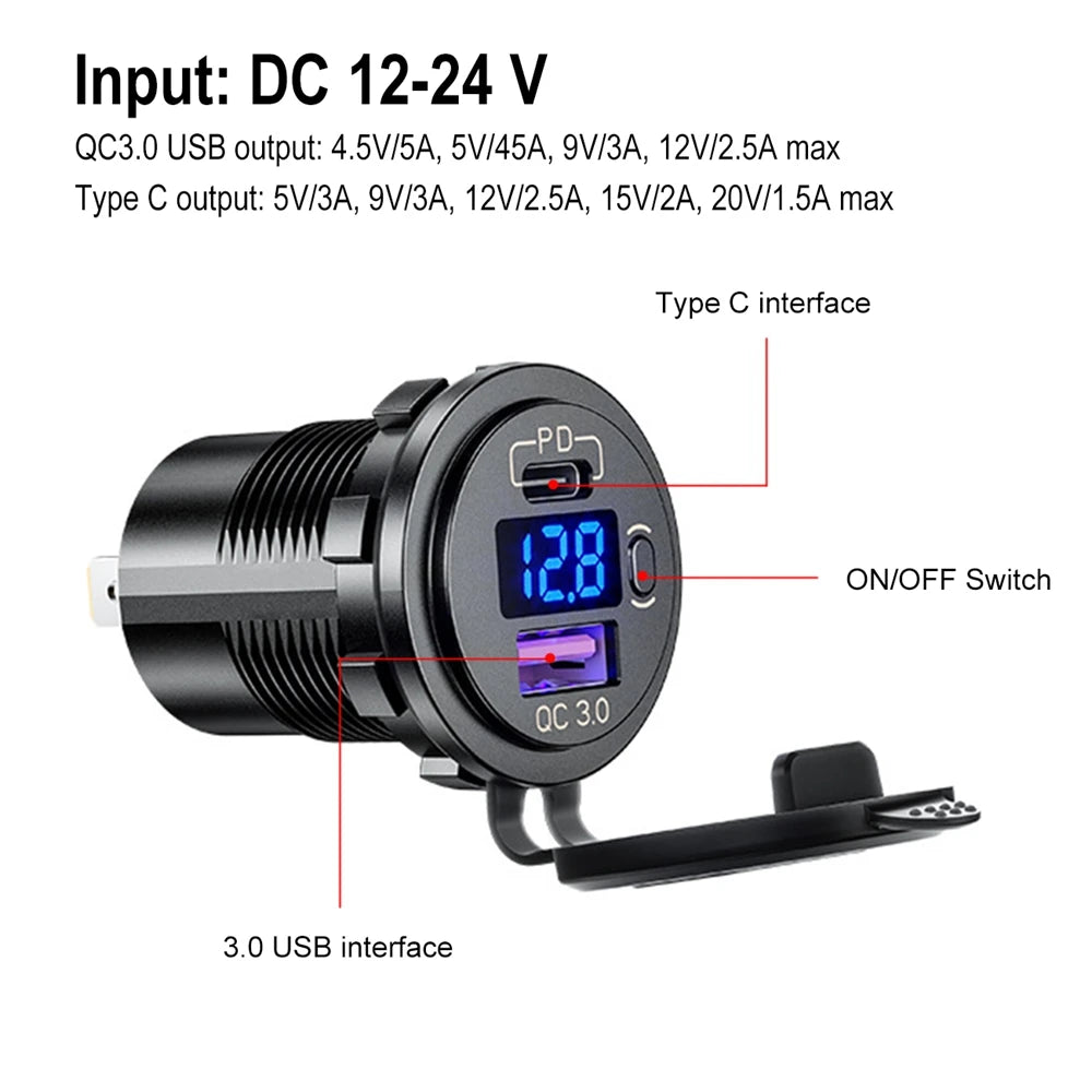 60W PD Type C/QC 3.0 USB Charger with button Switch LED Voltmeter Power Outlet Fast Charging for 12V 24V Car Truck Motorcycle RV