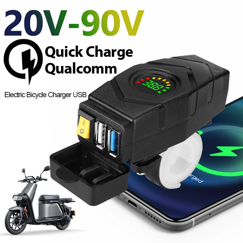 28W QC3.0 Quick Charge Usb Charger Waterproof E-Bike 20V-90V Electric Bike Motorcycles Scooter 36V 48V 72V Voltmeter Switch