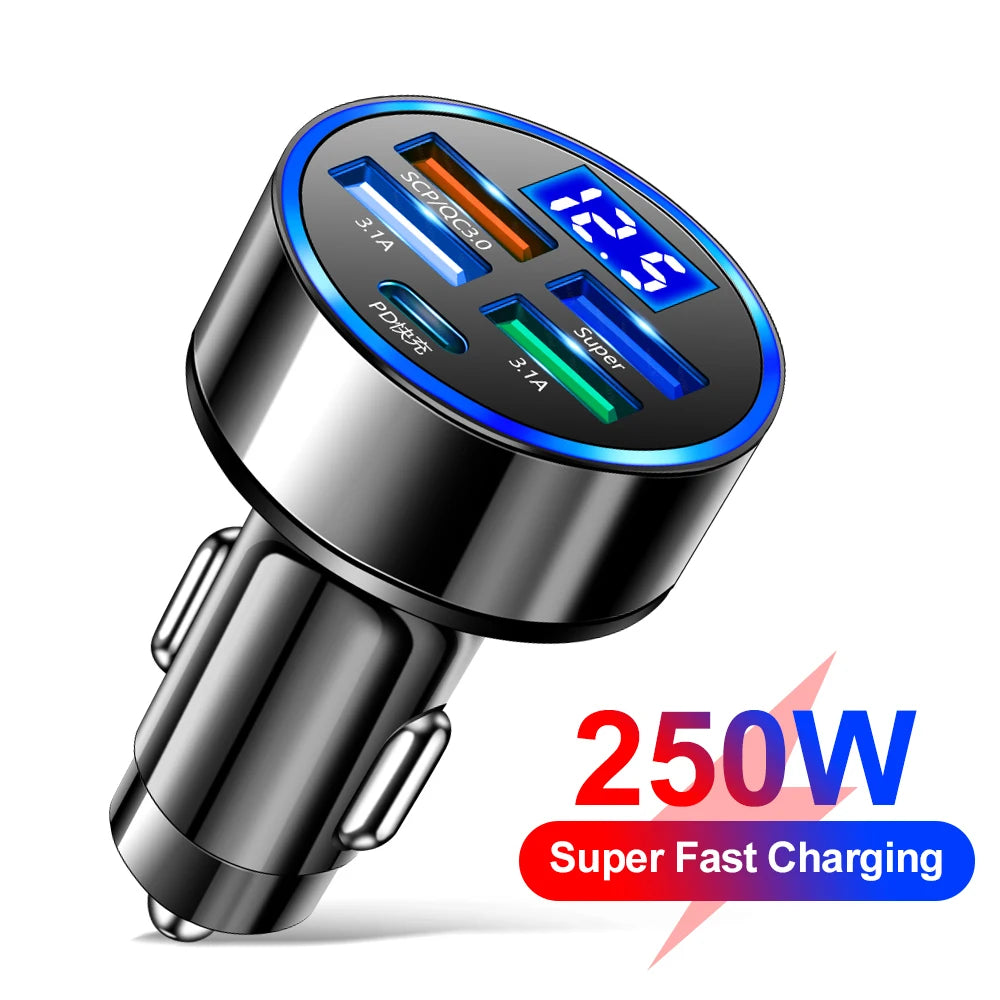 250W PD USB Car Charger Fast Charging Type C USB Phone Adapter in Car For iPhone 13 Pro Xiaomi Huawei Samsung Car Quick Charger