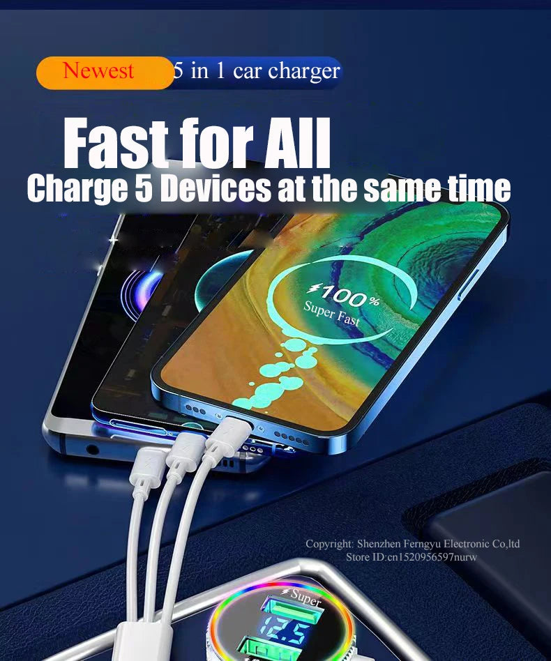 320W USB Car Charger 5 in 1 Fast Chariging Phone Adapter for iPhone 14 Pro Max Apple 13 12 11 Samsung Huawei OPPO Oneplus Xiaomi