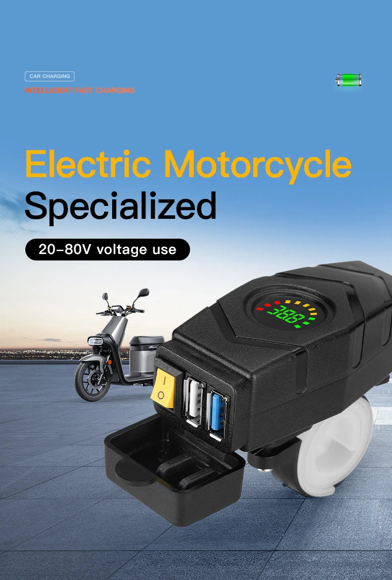 28W QC3.0 Quick Charge Usb Charger Waterproof E-Bike 20V-90V Electric Bike Motorcycles Scooter 36V 48V 72V Voltmeter Switch