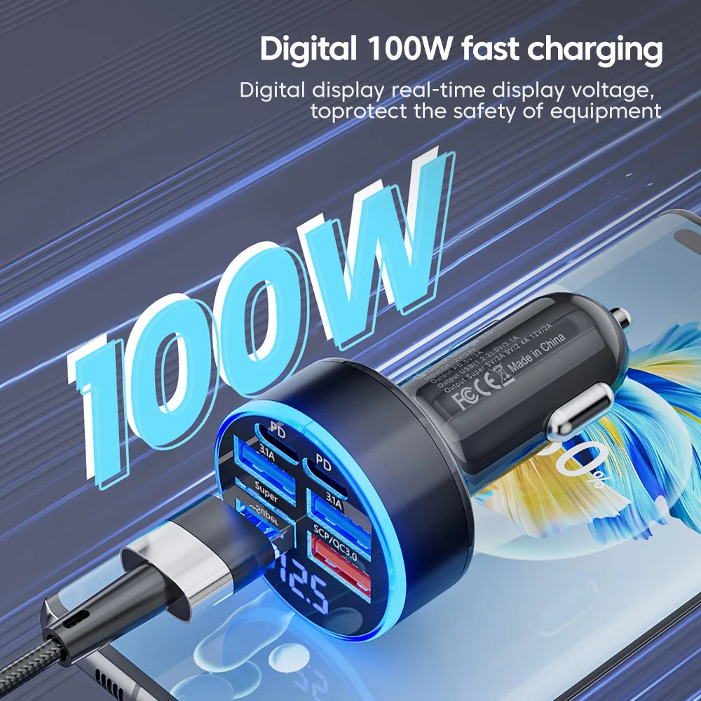 100W 6 Ports Car Charger Fast Charging USB Type C Car Lighter PD QC3.0 Car Phone Charger For iPhone Samsung Huawei Xiaomi