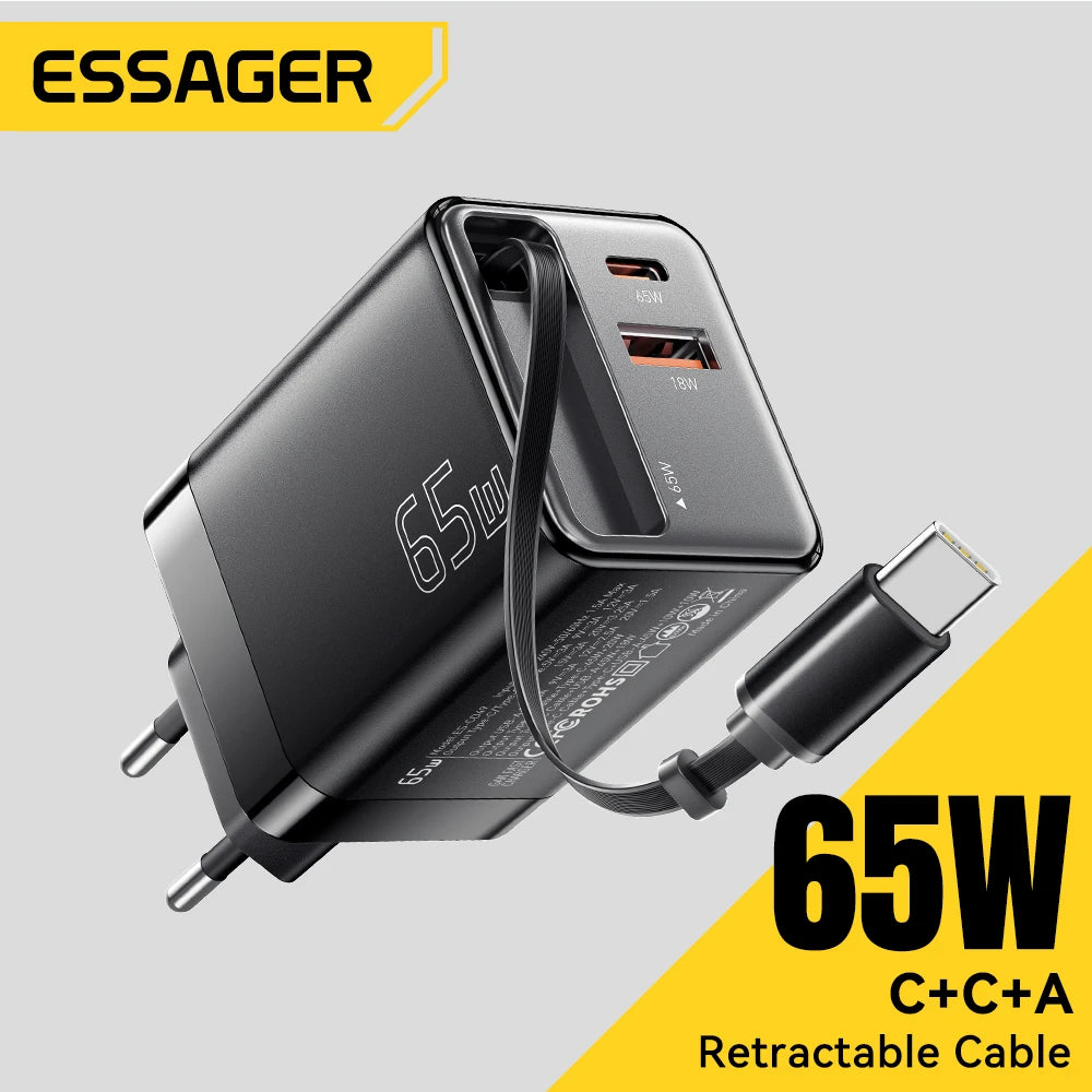 Essager 65W GaN Charger with Retractable Cable PD Fast Charging for Laptop Macbook iPhone 16 15 14 Xiaomi Type-C Phone Charger