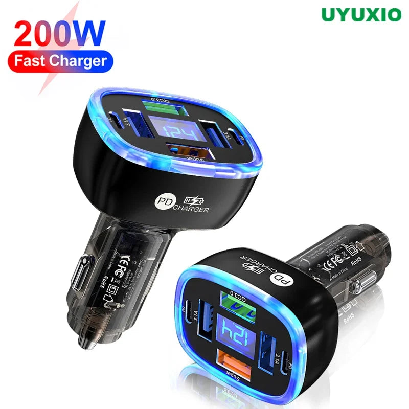 UYUXIO 6 in 1 USB C Car Phone Charger Adapter Multi Port Super Fast with Voltage Display for iPhone 16 15 Pro Max 14 13 Samsung