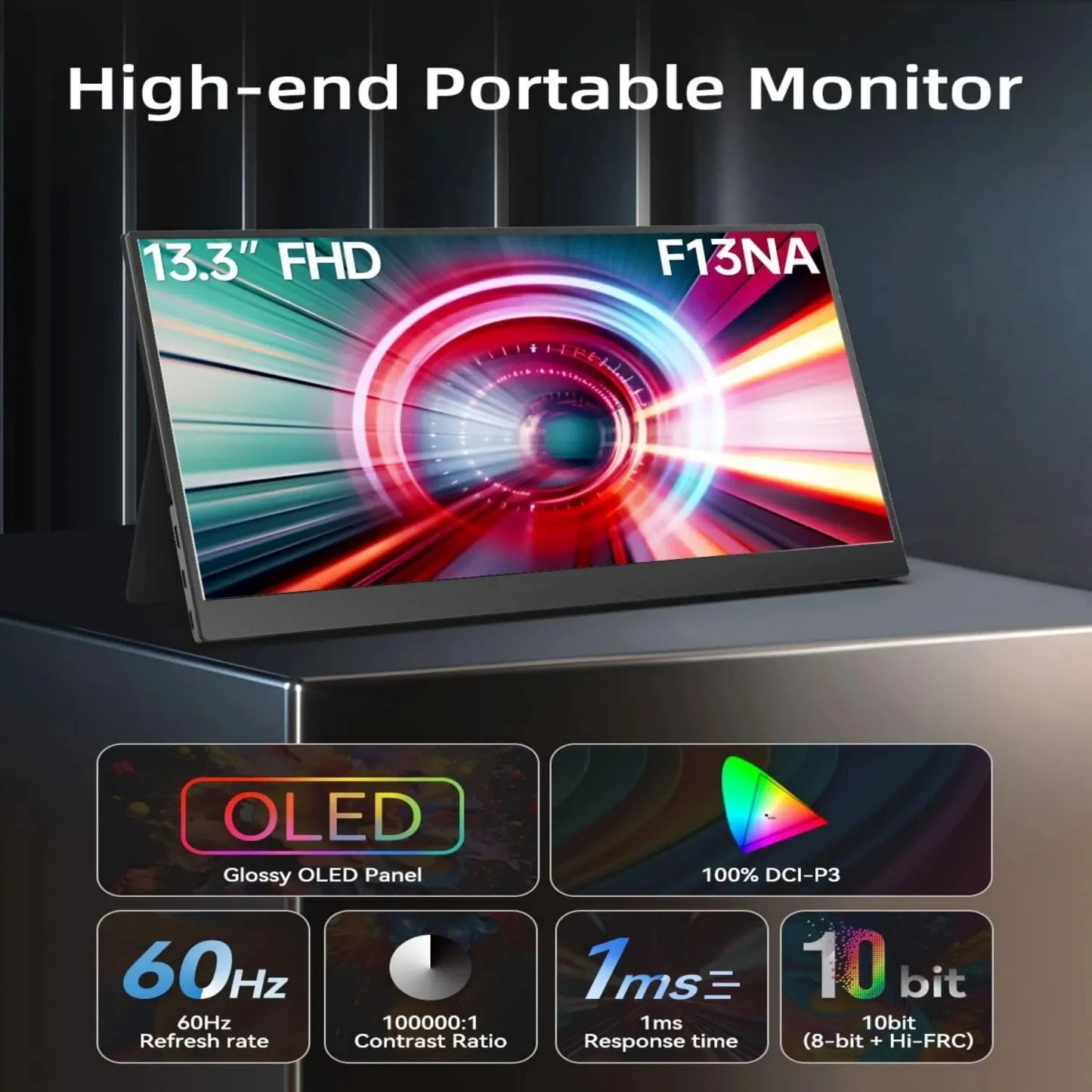 Bimawen 13.3inch OLED Portable Monitor with FHD Screen Response Time 1ms 10bit 100% DCI-P3 Monitor W/Adaptive Sunc Game HoR Mode