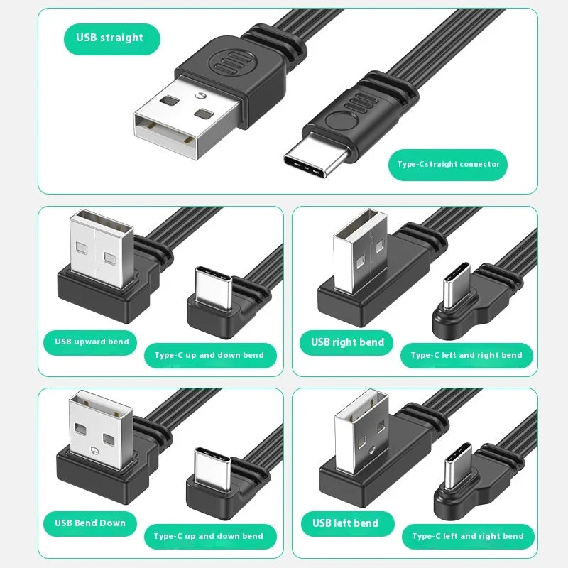 USB to TypeC data cable with left and right bend wires 2.0 transmission, 2A power supply, TypeC flat silicone cable