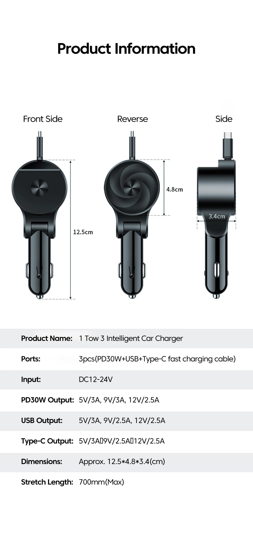 120W Fast Charging Car Charger QC3.0 PD30W USB C Car Phone Charger With Type C Cable For iphone 15 14 13 Xiaomi Huawei Samsung