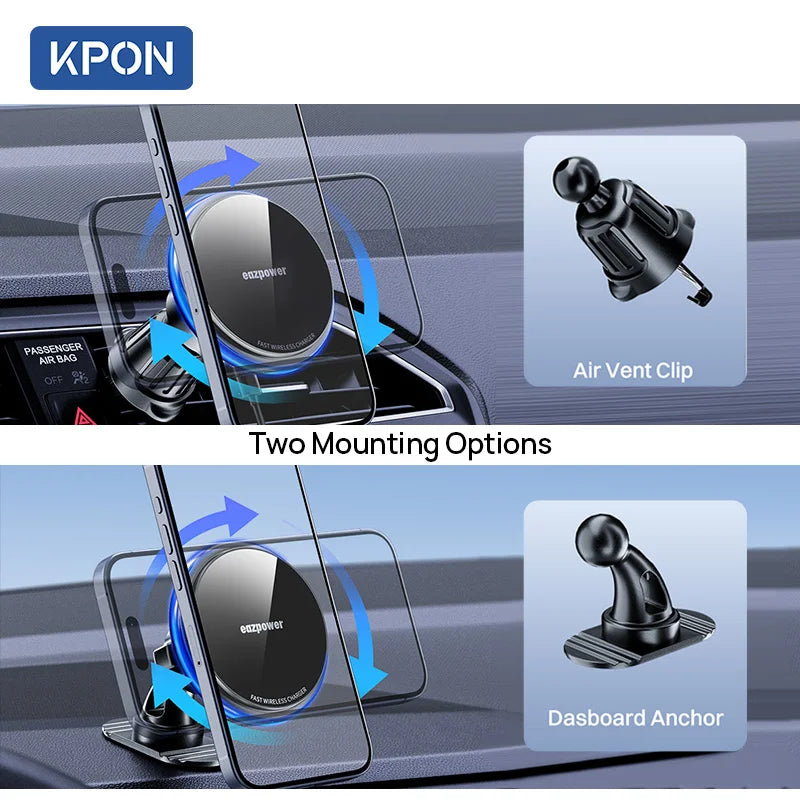 KPON Magnetic Car Phone Holder Wareless Charging Adjustable 360° 15W Air Vent Universal  for iPhone 14 15 16 Smartphone  Stand