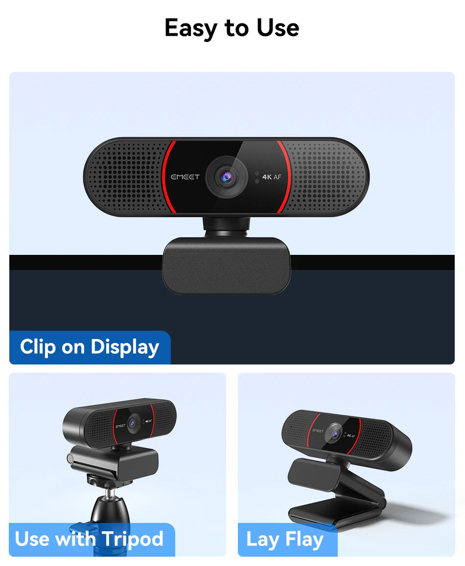 Webcam 4K Web Camera With Tripod EMEET USB Computer Autofocus Streaming Camera with Microphones for Zoom/Teams/OBS/PC/Mac/Laptop