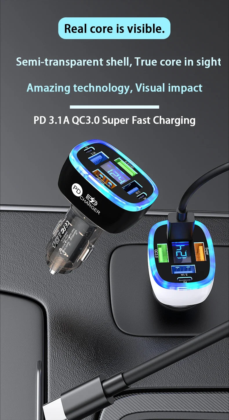 UYUXIO USB C Car Phone Charger 6 in 1 with Voltage Display Super Fast Charge Adapter for Samsung iPhone 16 15 Pro Max Oneplus