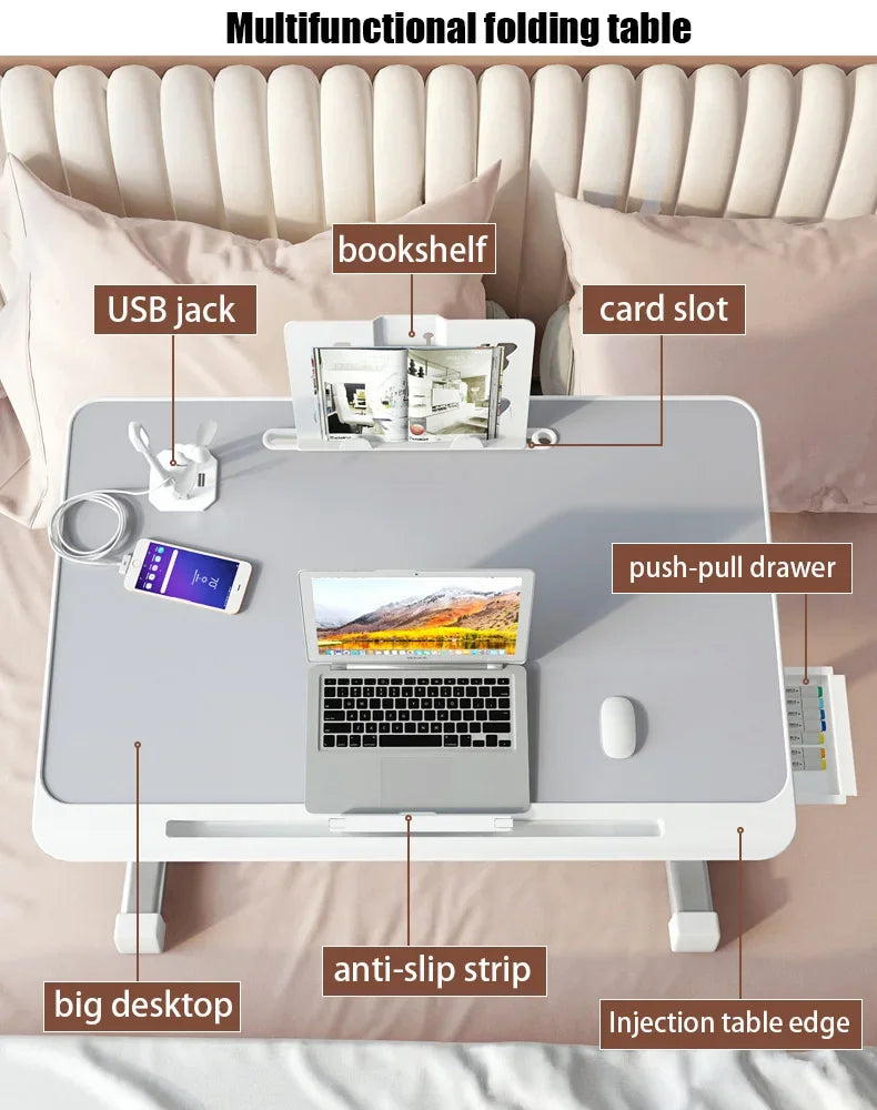 Foldable Lift Laptop Desk for Bed Adjustable Stand Portable Lap Table Breakfast Tray Desk with Drawer for Eating Working Gaming