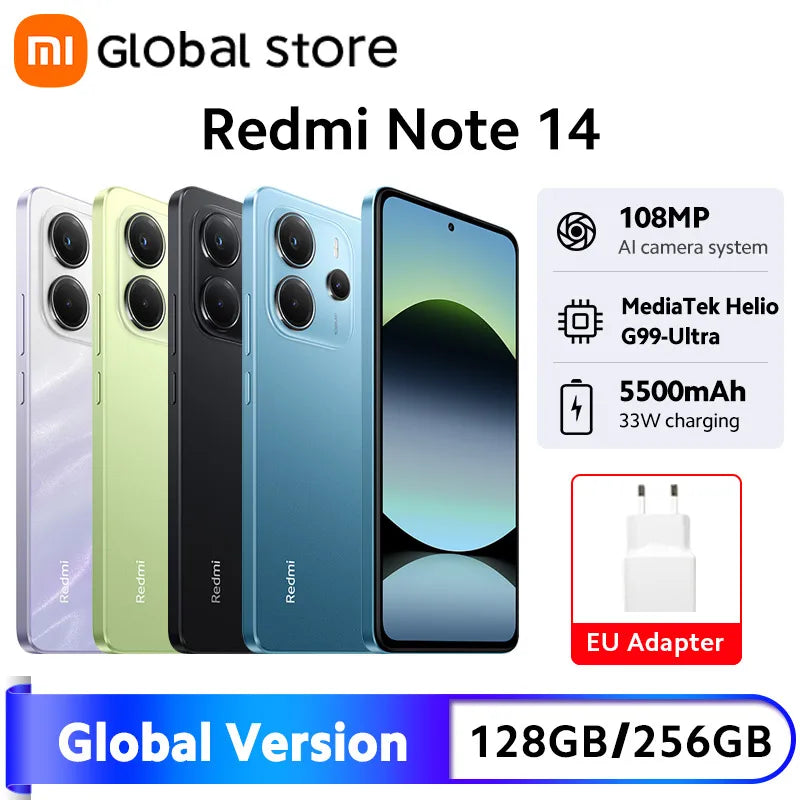 New Global Version Xiaomi Redmi Note 14 Smartphone 128GB / 256GB ROM MediaTek Helio G99-Ultra 33W120Hz AMOLED 108MP 5500mAh