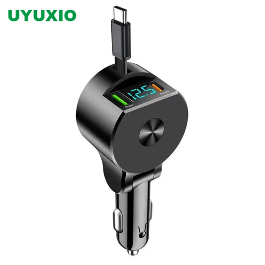 USB C Car Charger 65W Super Fast Charge with Voltage Display PD 30W Retractable Type C Cable for iPhone 16 Pro Max 15 Samsung