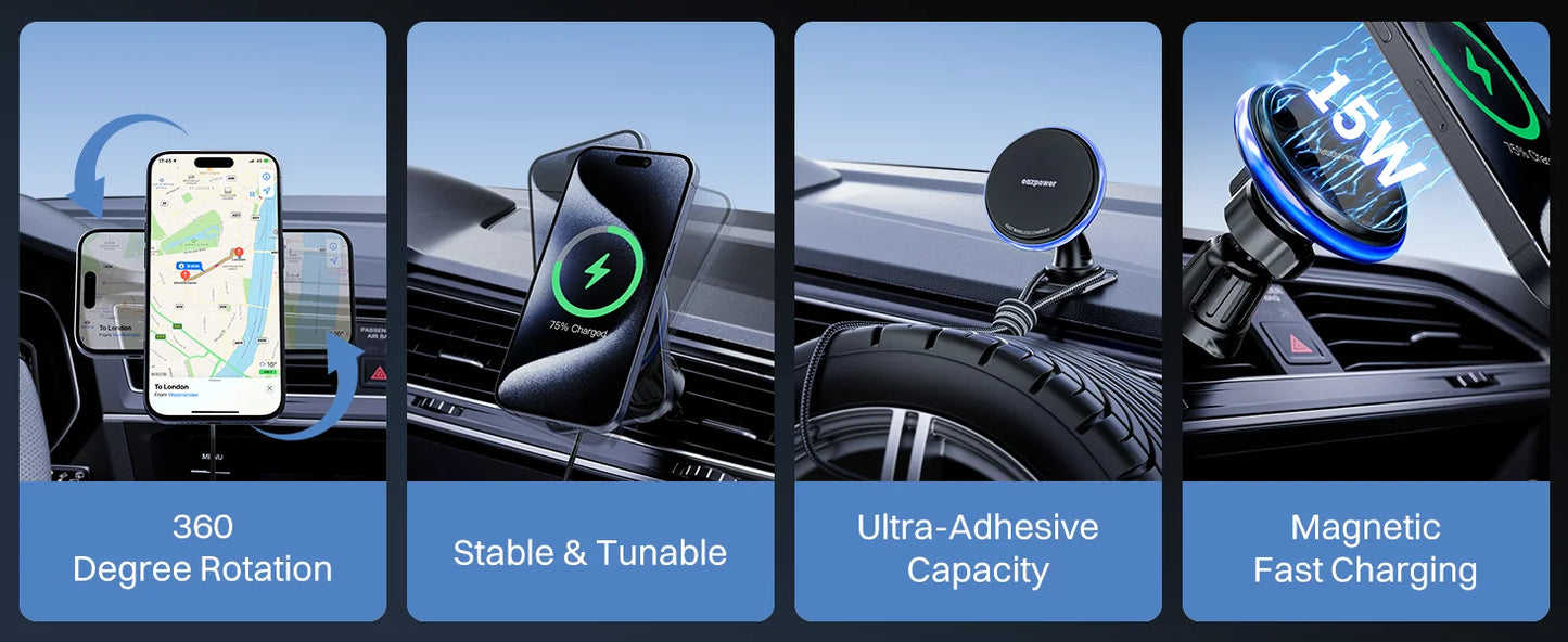 KPON Magnetic Car Phone Holder Wareless Charging Adjustable 360° 15W Air Vent Universal  for iPhone 14 15 16 Smartphone  Stand