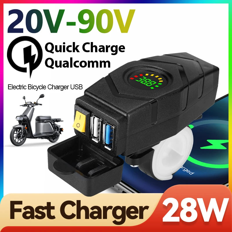 28W QC3.0 Quick Charge Usb Charger Waterproof E-Bike 20V-90V Electric Bike Motorcycles Scooter 36V 48V 72V Voltmeter Switch