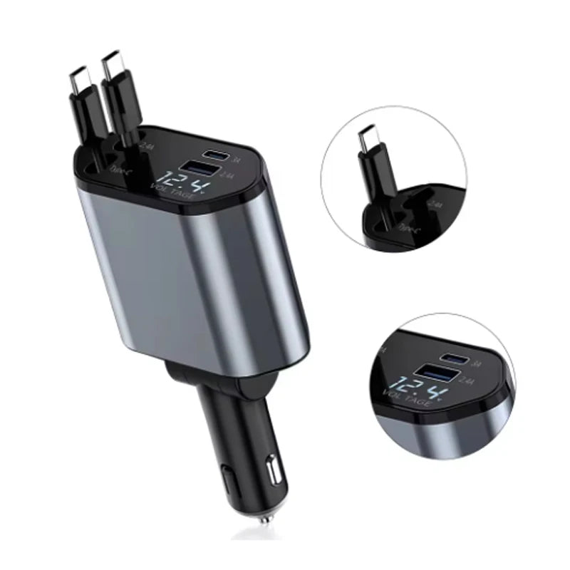 4 in 1 120W Car Charger Retractable Car Cigarette Lighter Adapter USB Type C Fast Charger Cable For IPhone Xiaomi Huawei Samsung