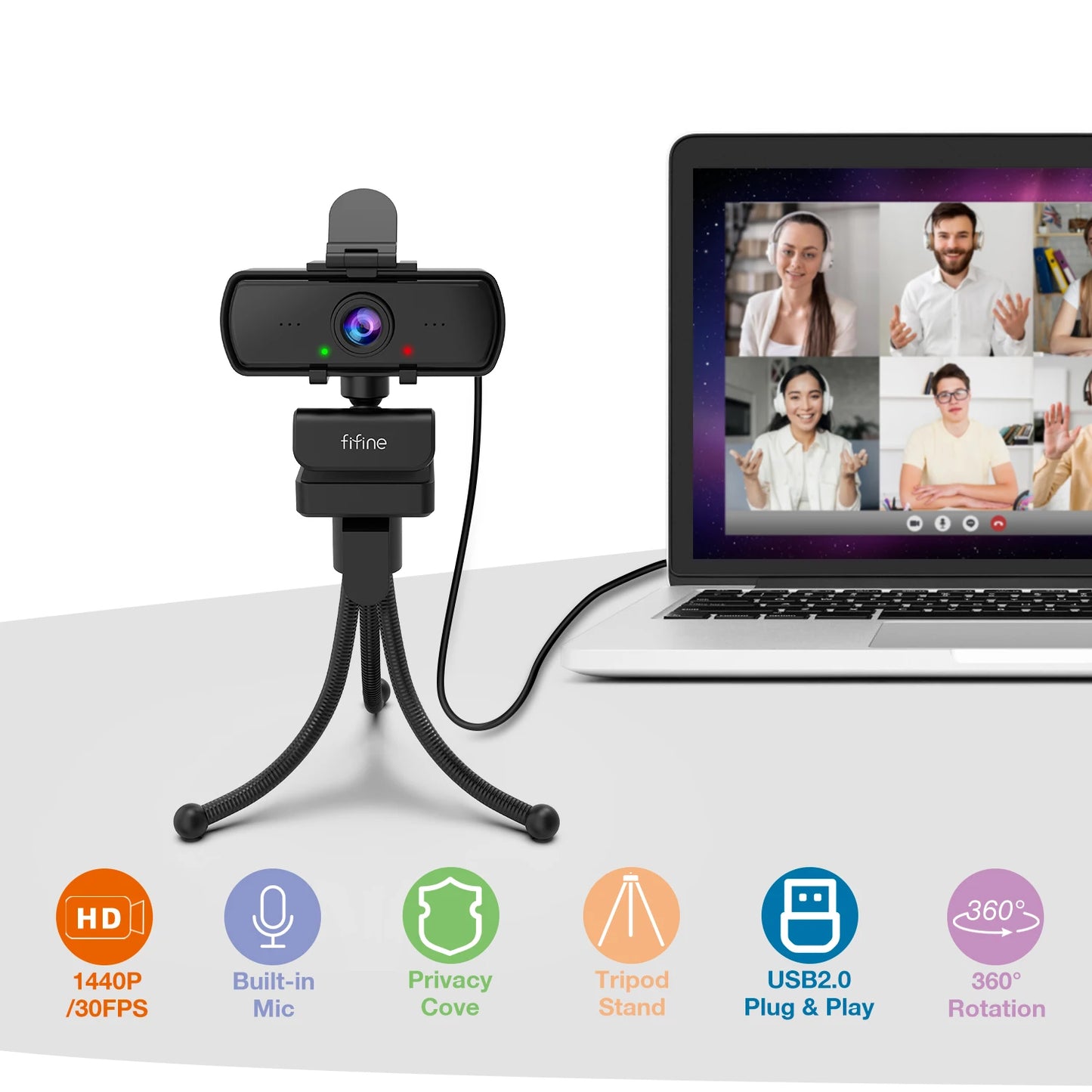 FIFINE 1440p Full HD PC Webcam with Microphone, tripod, for USB Desktop & Laptop,Live Streaming Webcam for Video Calling-K420