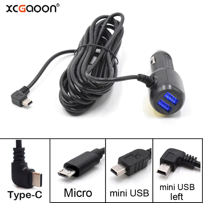 Mini Micro USB Car Charger 3.5meter 5V 3.4A With 2 USB Ports for Car DVR Dash Camera GPS Video Recorder, Input DC 8V-36V