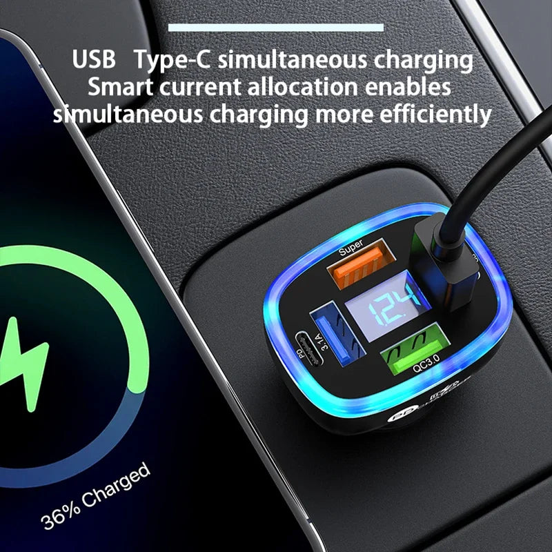 UYUXIO 6 in 1 USB C Car Phone Charger Adapter Multi Port Super Fast with Voltage Display for iPhone 16 15 Pro Max 14 13 Samsung