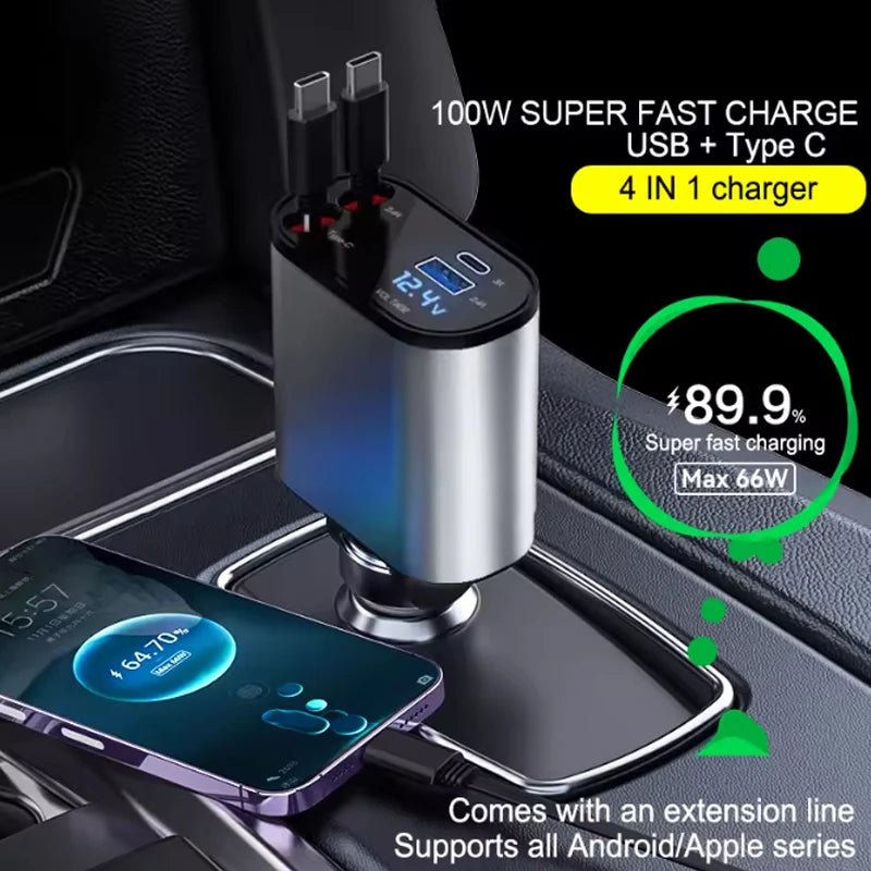 4 in 1 120W Car Charger Retractable Car Cigarette Lighter Adapter USB Type C Fast Charger Cable For IPhone Xiaomi Huawei Samsung