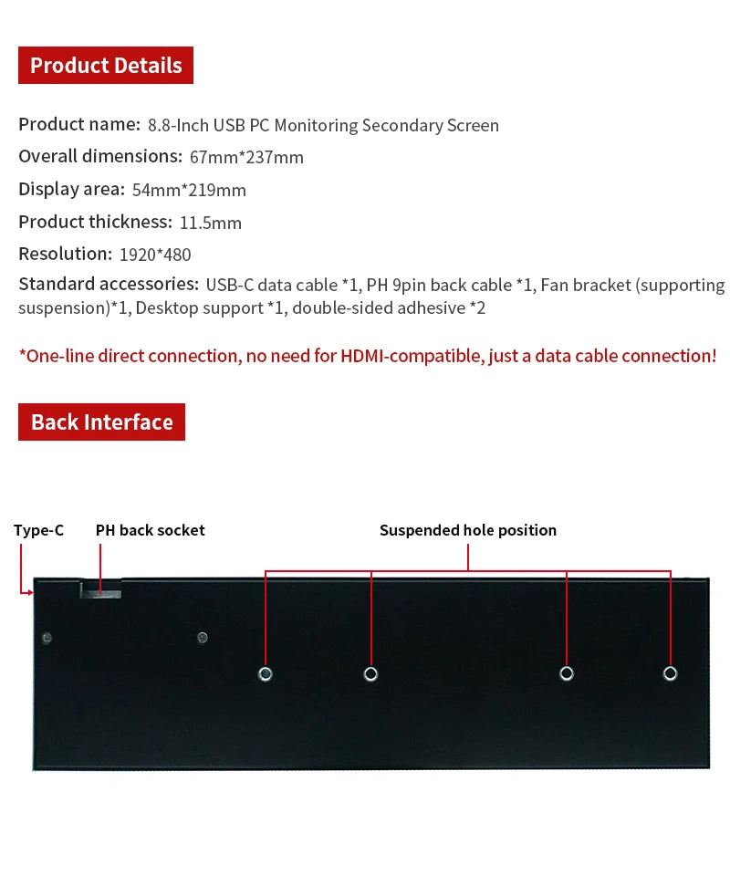 8.8 Inch IPS Type C Secondary Screen USB-C Interface Computer Monitoring CPU GPU RAM Dislpay Smart Screen No Need AIDA64