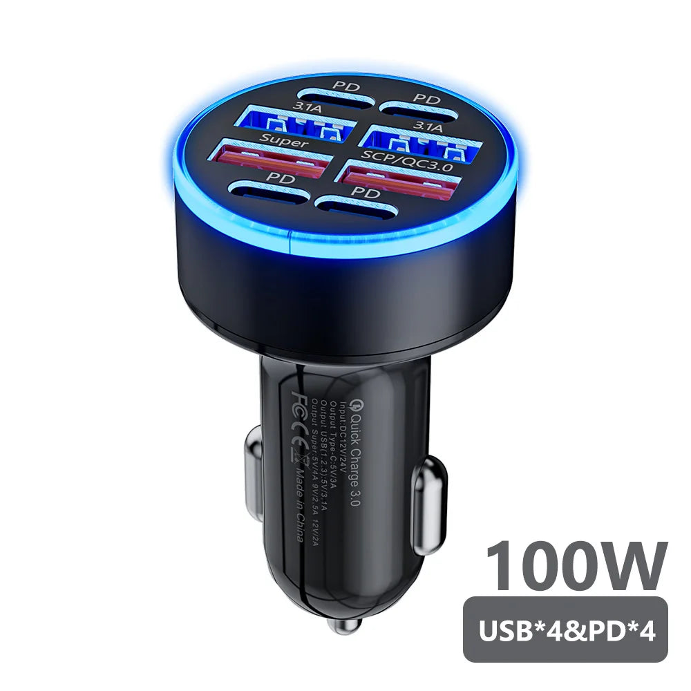 100W 6 Ports Car Charger Fast Charging USB Type C Car Lighter PD QC3.0 Car Phone Charger For iPhone Samsung Huawei Xiaomi