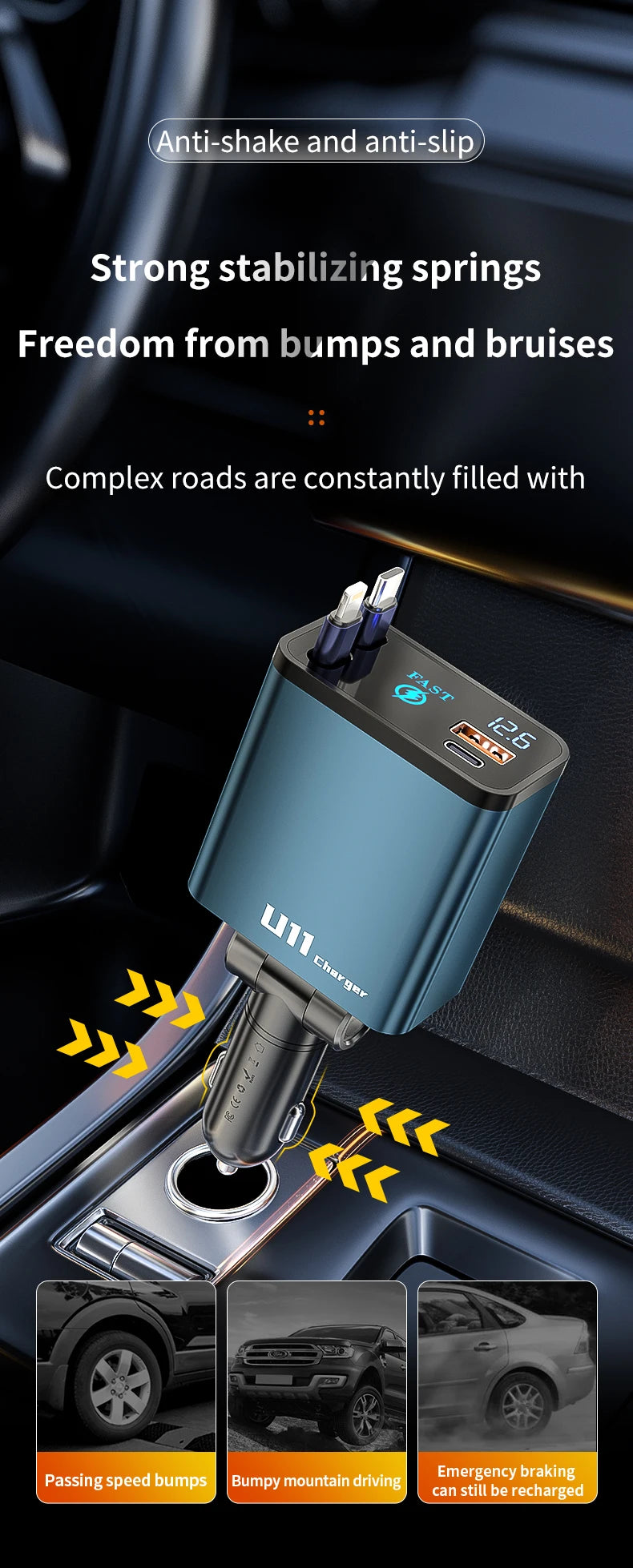 4 in 1 100W Car Charger Retractable Car Cigarette Lighter Adapter USB Type C Fast Charger Cable For IPhone Xiaomi Huawei Samsung