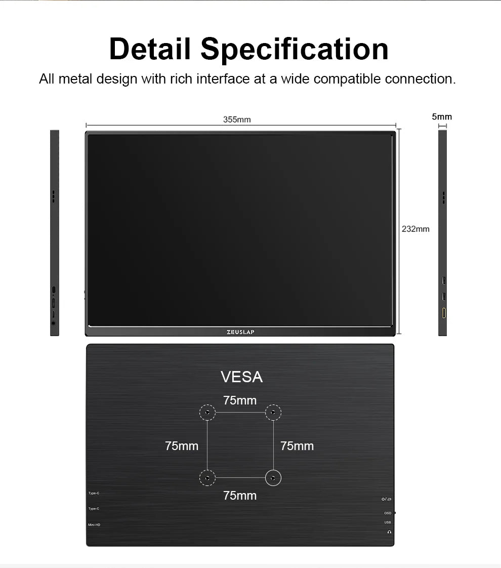 ZEUSLAP 16" Portable Monitor 100%sRGB 1200P IPS Screen Travel Gaming Computer Display for Steam Deck Laptop Switch PS4 PS5 Xbox