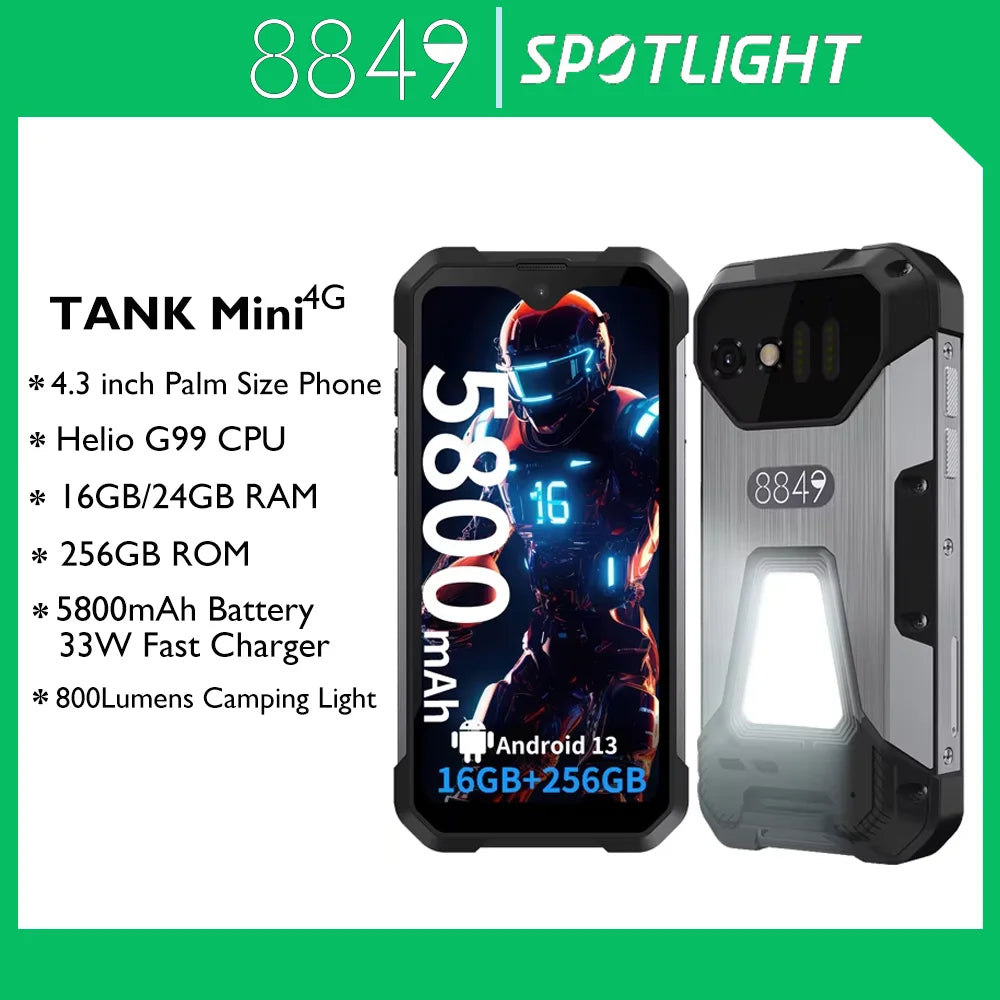 8849 Tank Mini Rugged Smartphone 16/24GB 256GB 5800mAh100Mp Camera Android 13 Cellphone 4.3 inch Waterproof Mobile Phone