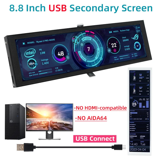 8.8 Inch USB Secondary Screen Type C Connect NO HDMI-compatible Display 1920*480 IPS LCD CPU RAM GPU Monitor Without AIDA64