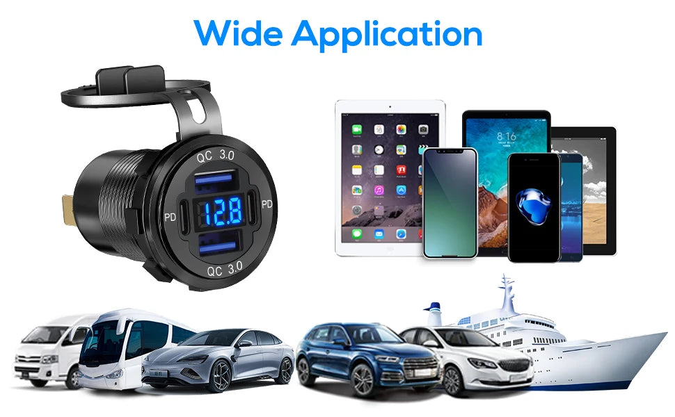 NEW 96W Dual PD Dual QC 3.0 USB Car Charger with Voltmeter Socket Power Outlet Adapter Waterproof for 12V/24V Car Boat Hot Sale