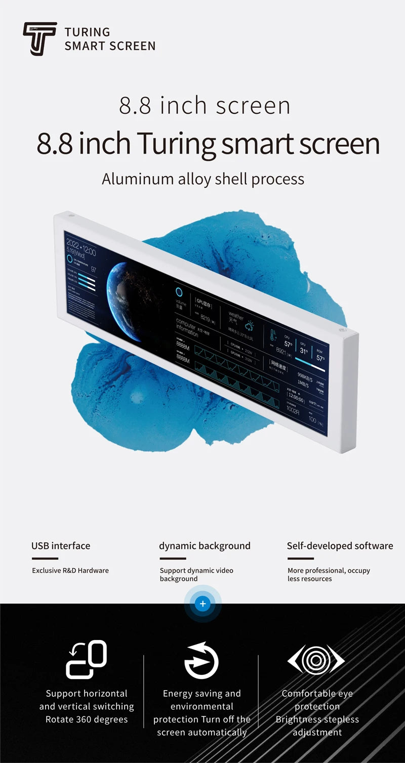 8.8 Inch IPS USB Secondary Screen Type-C PH Interface Turing Smart Screen CPU GPU RAM Computer Monitor Use TURZX Software